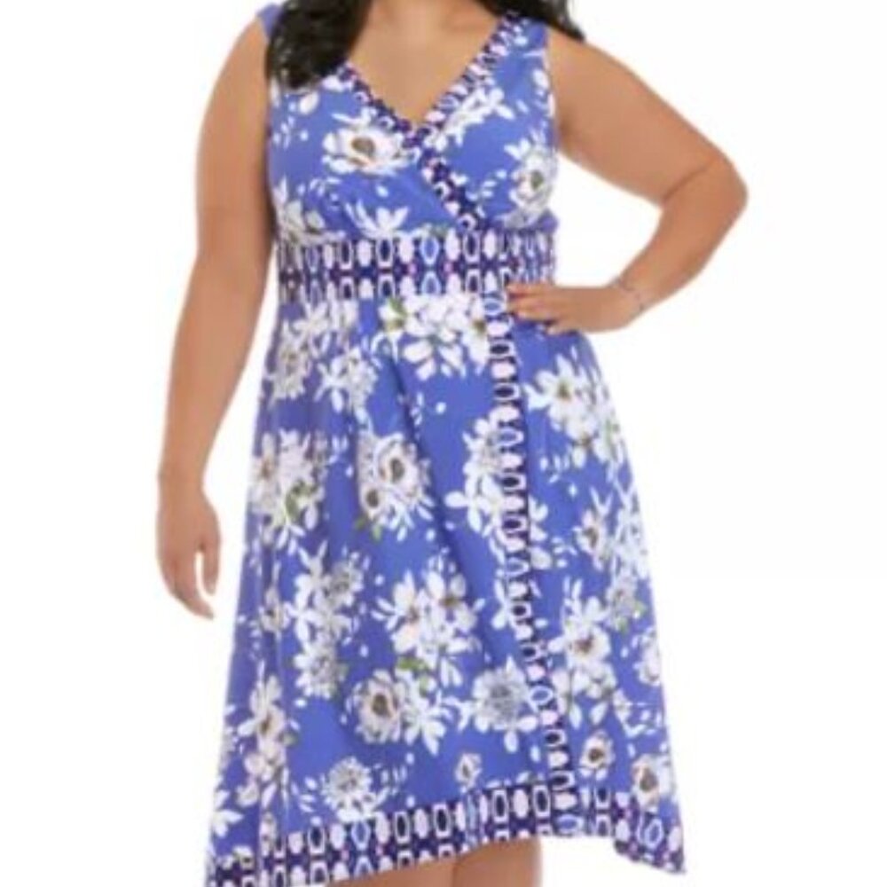 NWT Chris McLaughlin Sleeveless Blue Floral Print V Neck Dress Size 24W